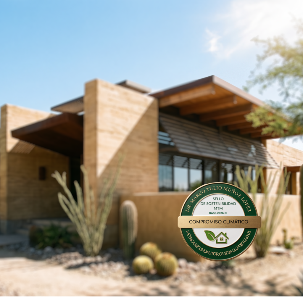 Certificación Propiedad ecoamigable 2 Residencia de arquitectura bioclimática con el distintivo Sello de Sostenibilidad MTM de compromiso climático.
